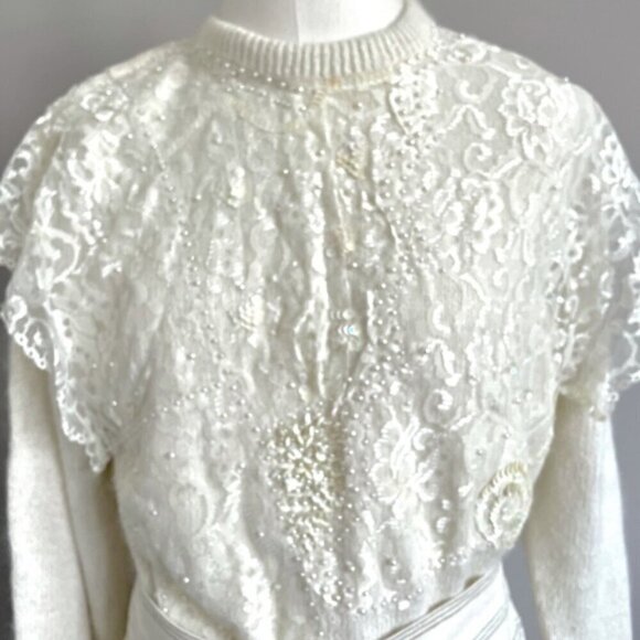 Vintage 80s Ivory Silk Angora Lace Pearl Bib Victorian Sweater - Small - Picture 3 of 9